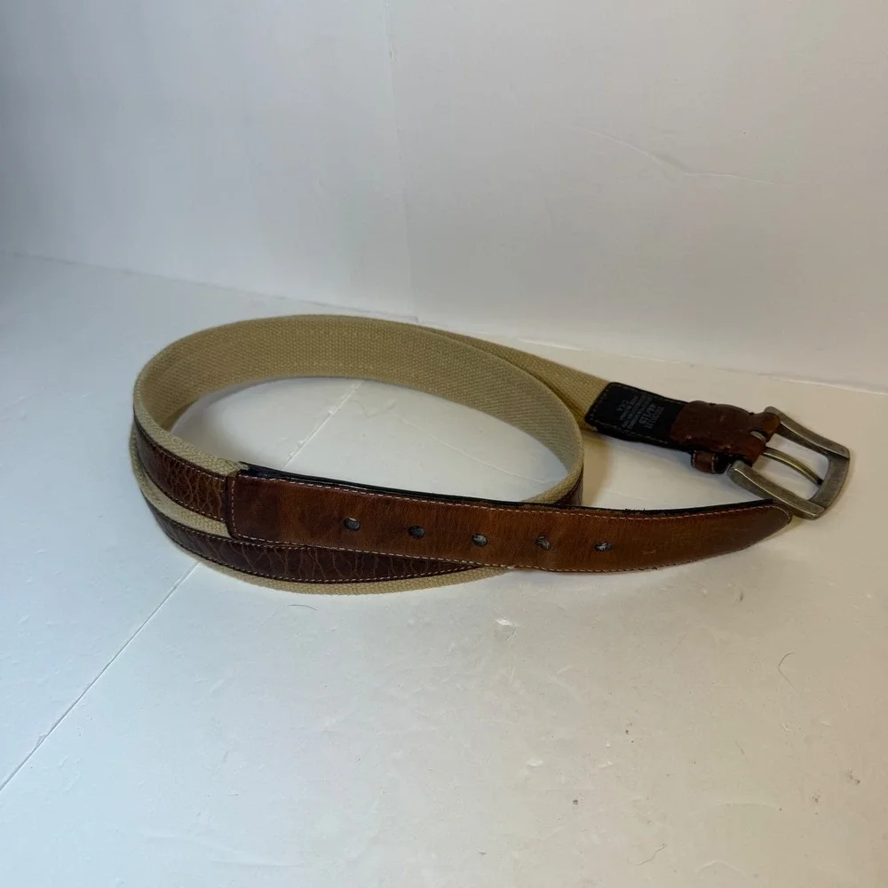 Columbia Mens Cotton Webbing Genuine Leather Trim Belt Brown Tan 46 11CO0331